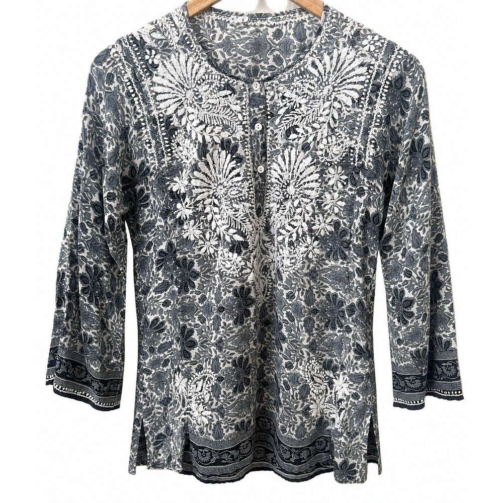 Boho Luxe Floral ‎ Silk Tunic Embroidered Artisan Top S Relaxed Fit Art to Wear - Picture 2 of 14
